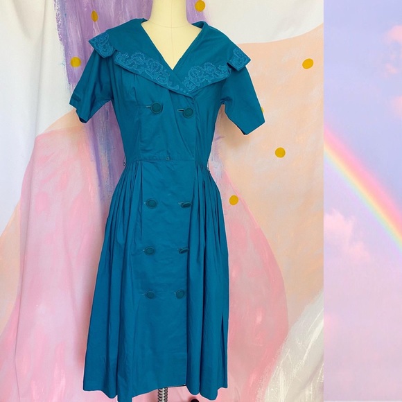 Vintage Dresses & Skirts - VINTAGE 1950s A-Line Teal Double Breasted Dress